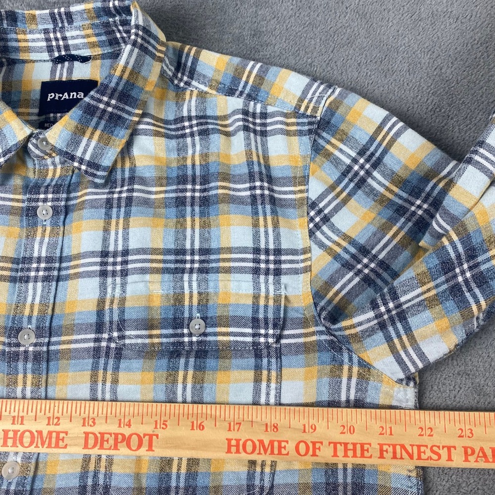 Prana Mens Medium Flannel Shirt Blue Yellow Plaid Organic Cotton Blend - Picture 10 of 11